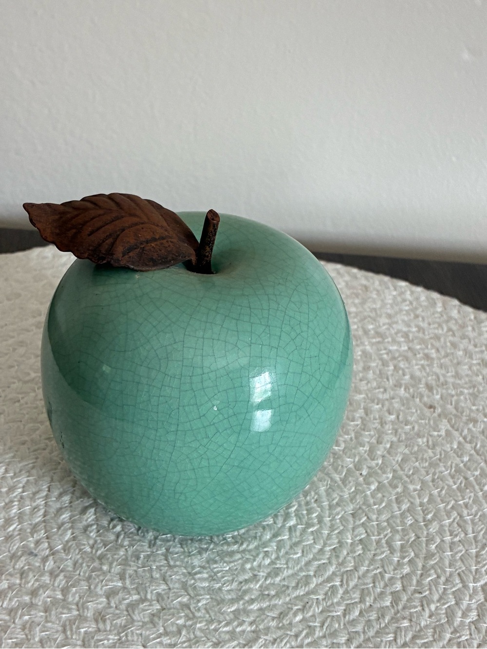 Ceramic Decorative Apple with Rust Leaf Accent - Mint Green